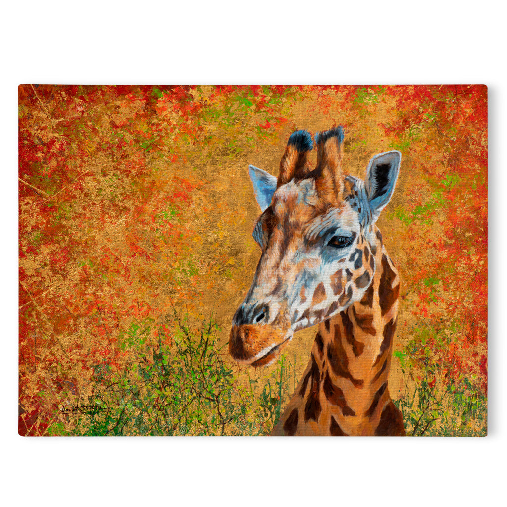 Canvas Print Painting of a giraffe with a textured brown and orange background