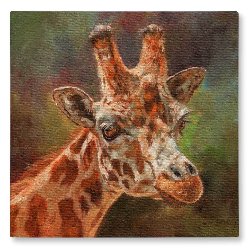 Canvas Print Painting of a Giraffe on a green and brown background