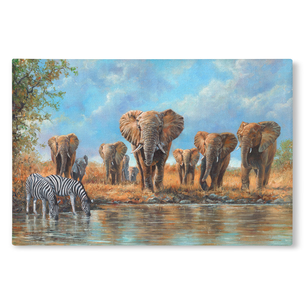 A Canvas Print painting of elephants and zebras at a watering hole with a scenic background.