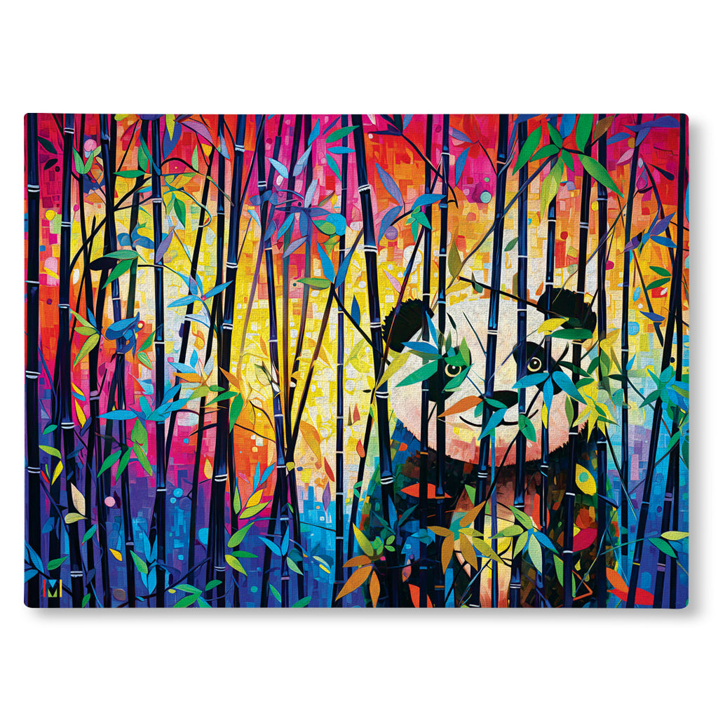 Colorful abstract canvas print painting of a giant panda hiding behind bamboo stalks on a vibrant background.