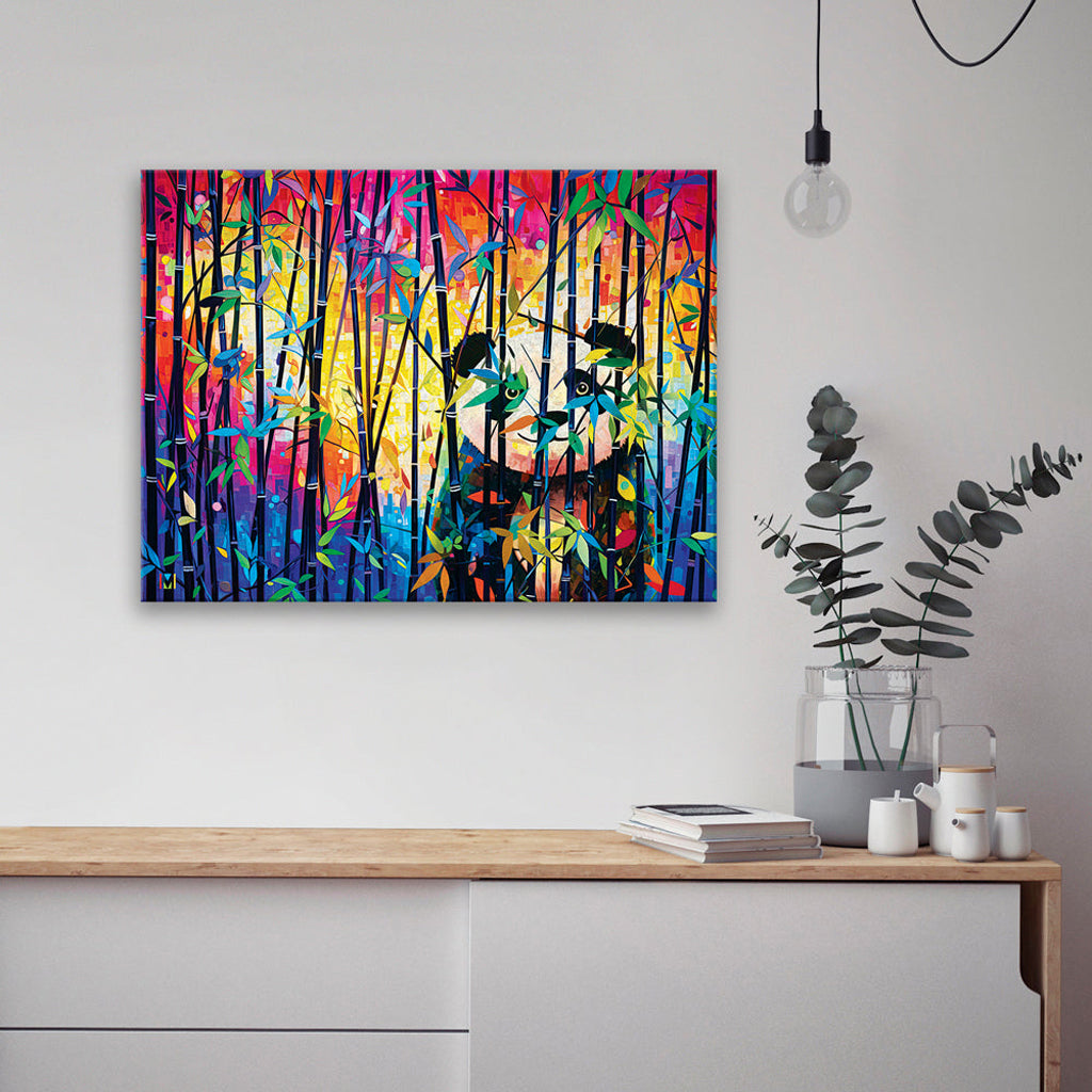 Colorful abstract canvas print painting of a giant panda on a wall above a wooden console table with decorative items.