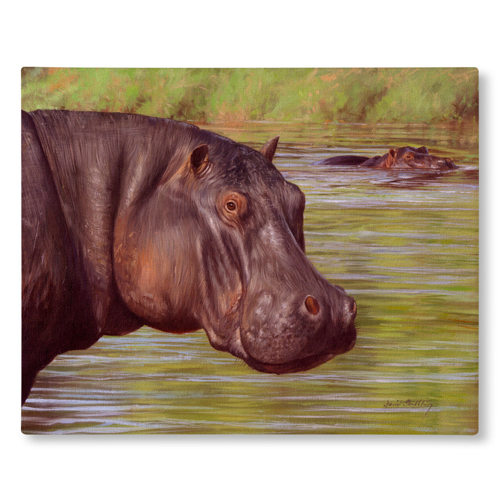 Canvas Print Painting of a hippo in water with another hippo in the background.