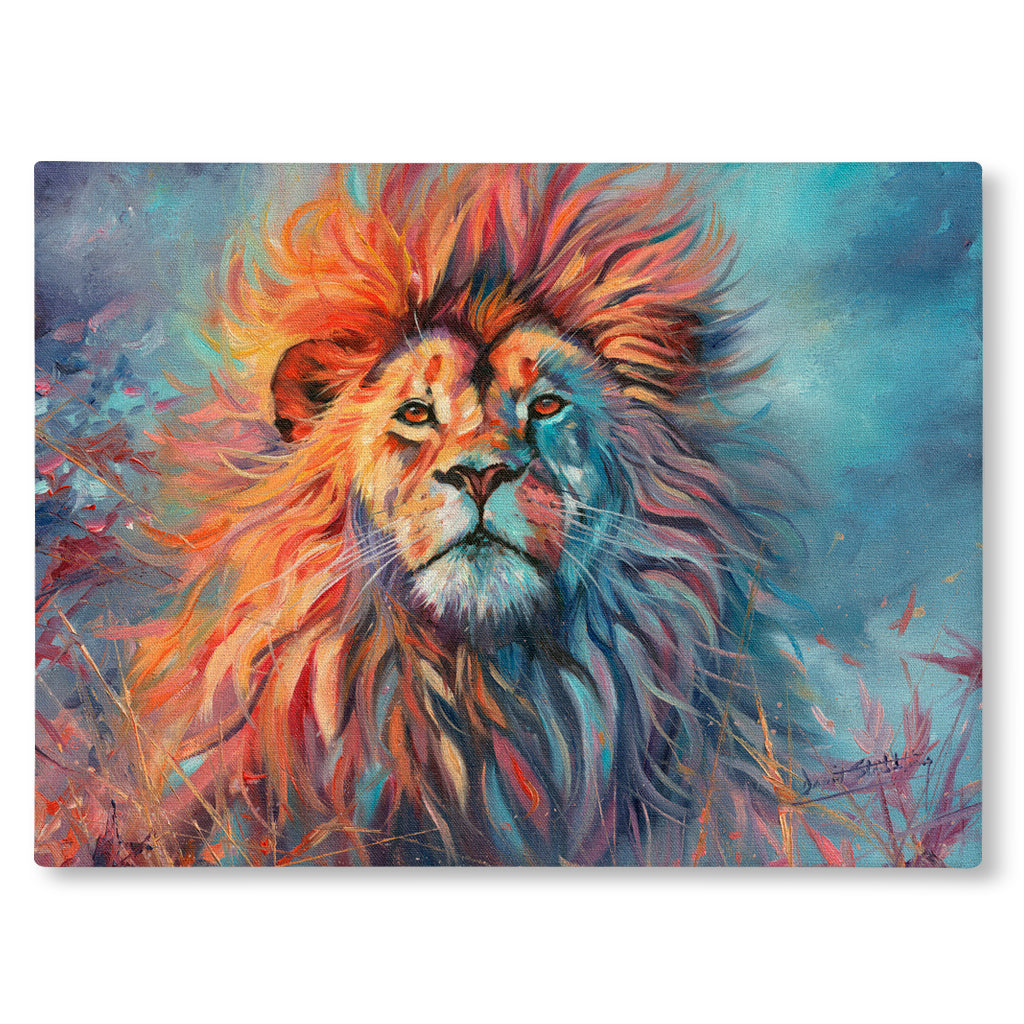 Colorful Canvas Print painting of a lion with a vibrant mane on a blue background.
