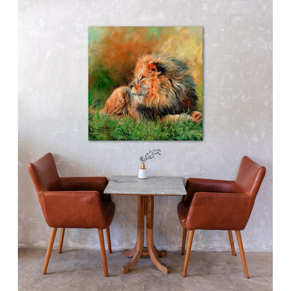 Dining area with a table and chairs, and a large Canvas Print painting of two lions on the wall.