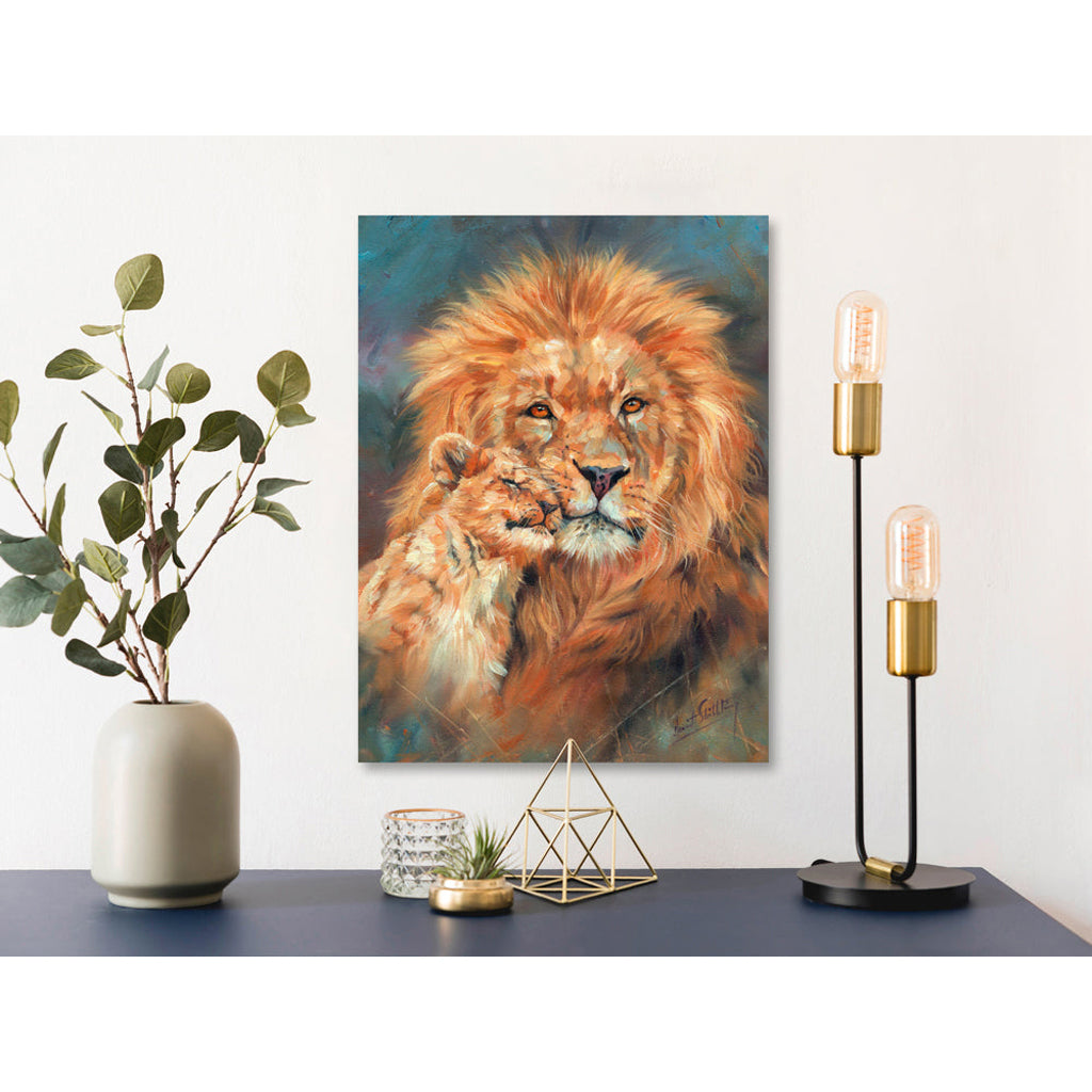 Canvas Print artwork of two lions on a wall above a table with decorative items.