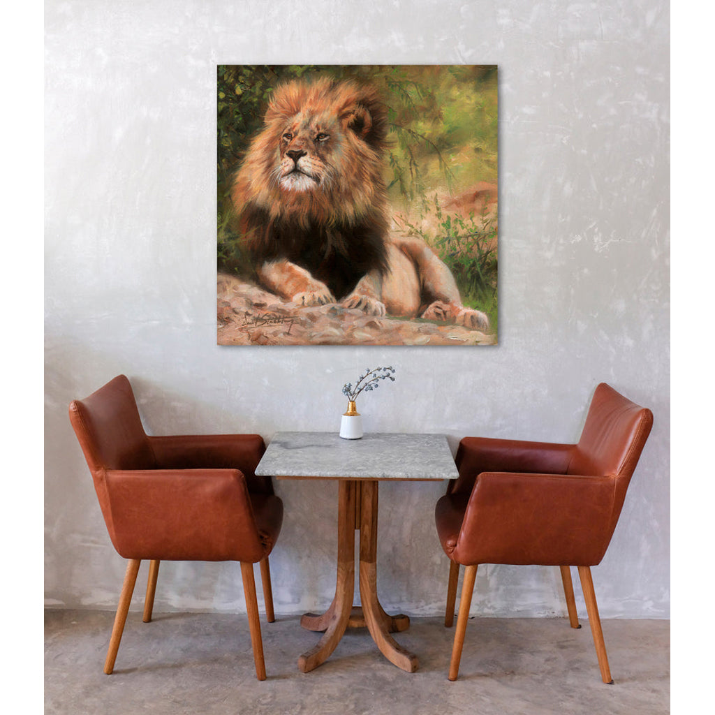 Dining area with a table and chairs, and a Canvas Print painting of a lion on the wall.