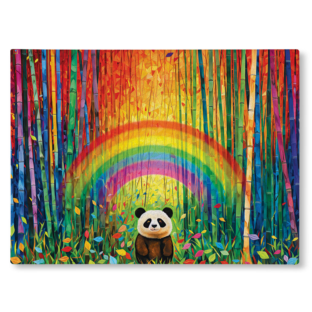 Colorful Canvas Print artwork of a giant panda bear with a rainbow and bamboo.