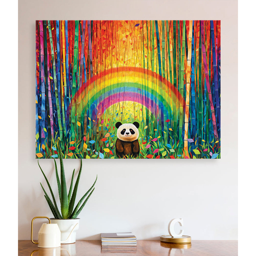 Colorful Canvas Print painting of a panda bear with a rainbow and bamboo on a wall.