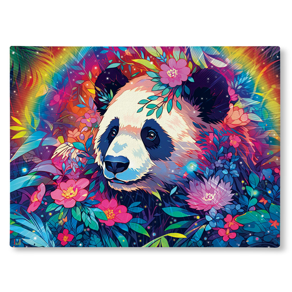 Canvas print with colorful illustration of a giant panda surrounded by flowers and leaves on a rainbow background.