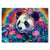 Canvas print with colorful illustration of a giant panda surrounded by flowers and leaves on a rainbow background.