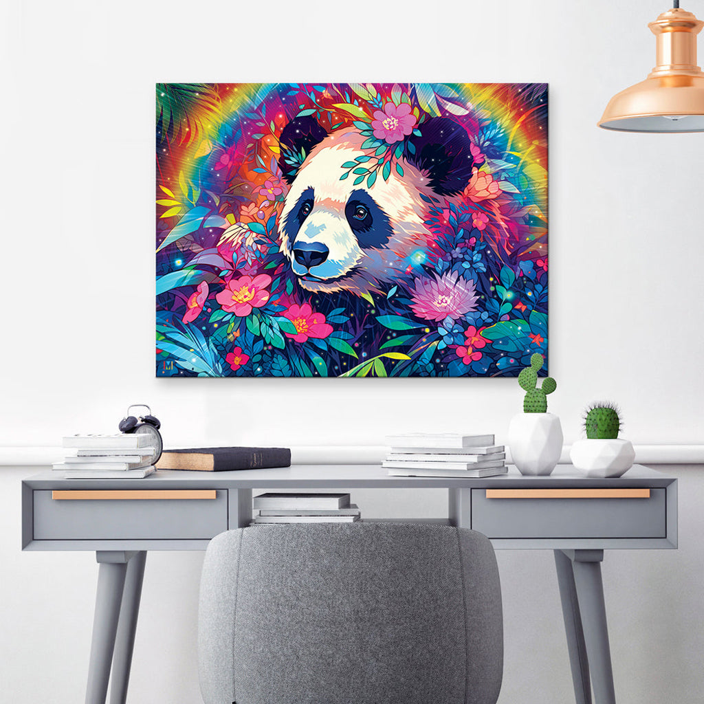 Colorful panda Canvas Print painting on a wall above a desk.