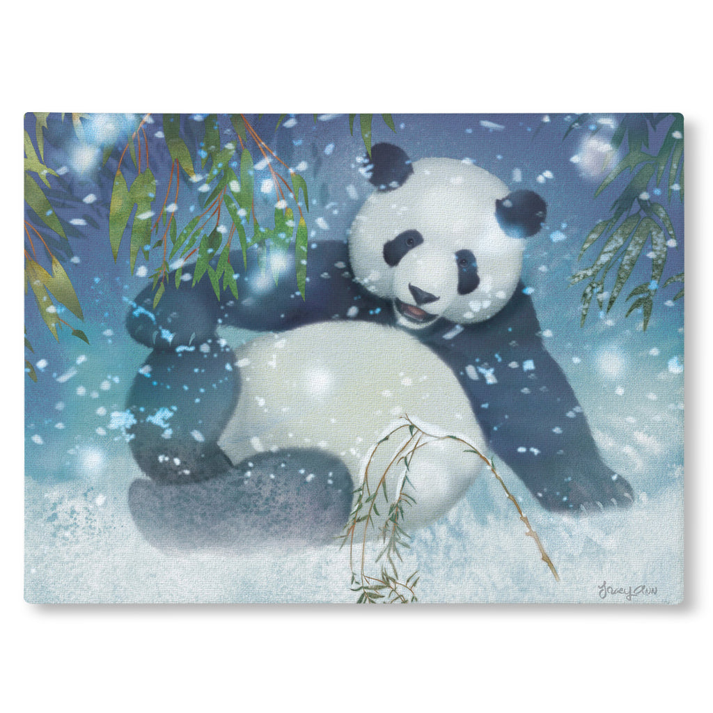 Canvas Print painting of a giant panda bear playing in a snowy landscape setting with bamboo.