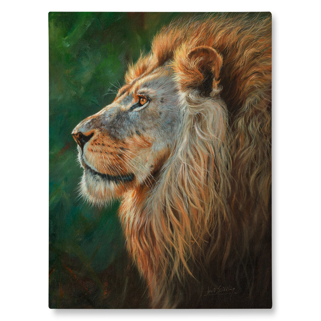 Canvas Print with an artistic depiction of a lion&#39;s head with a detailed mane against a green background.