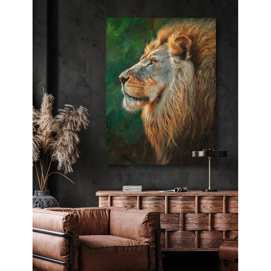 Lion Canvas Print painting on a dark wall above a brown leather sofa and wooden console table.
