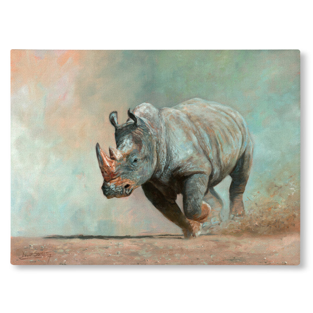 Canvas Print Painting of a rhinoceros charging against a textured background.