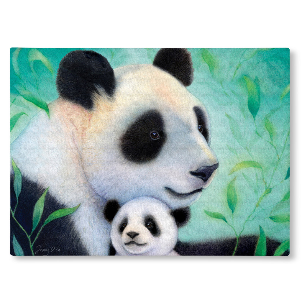 Canvas Print painting of two giant pandas in a natural setting with green leaves.