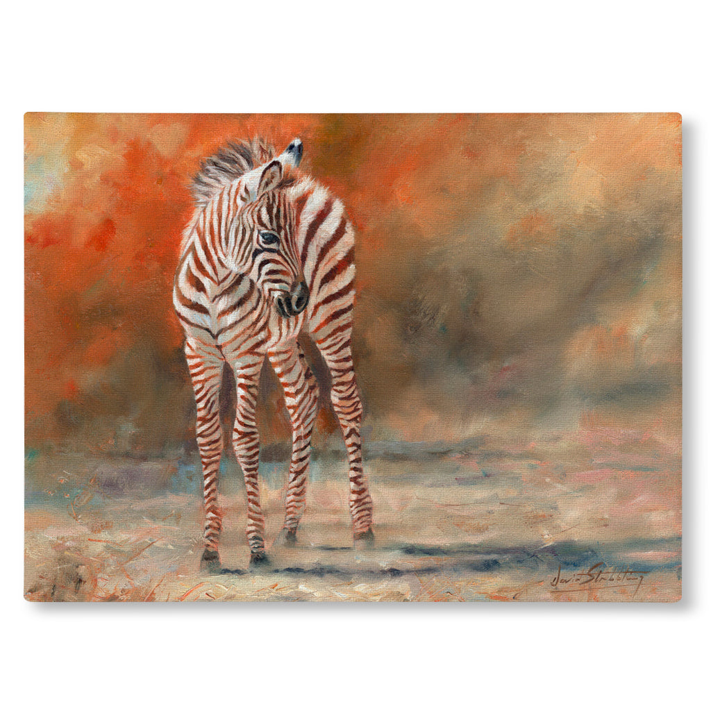Canvas Print Painting of a zebra standing in a natural landscape with warm colors