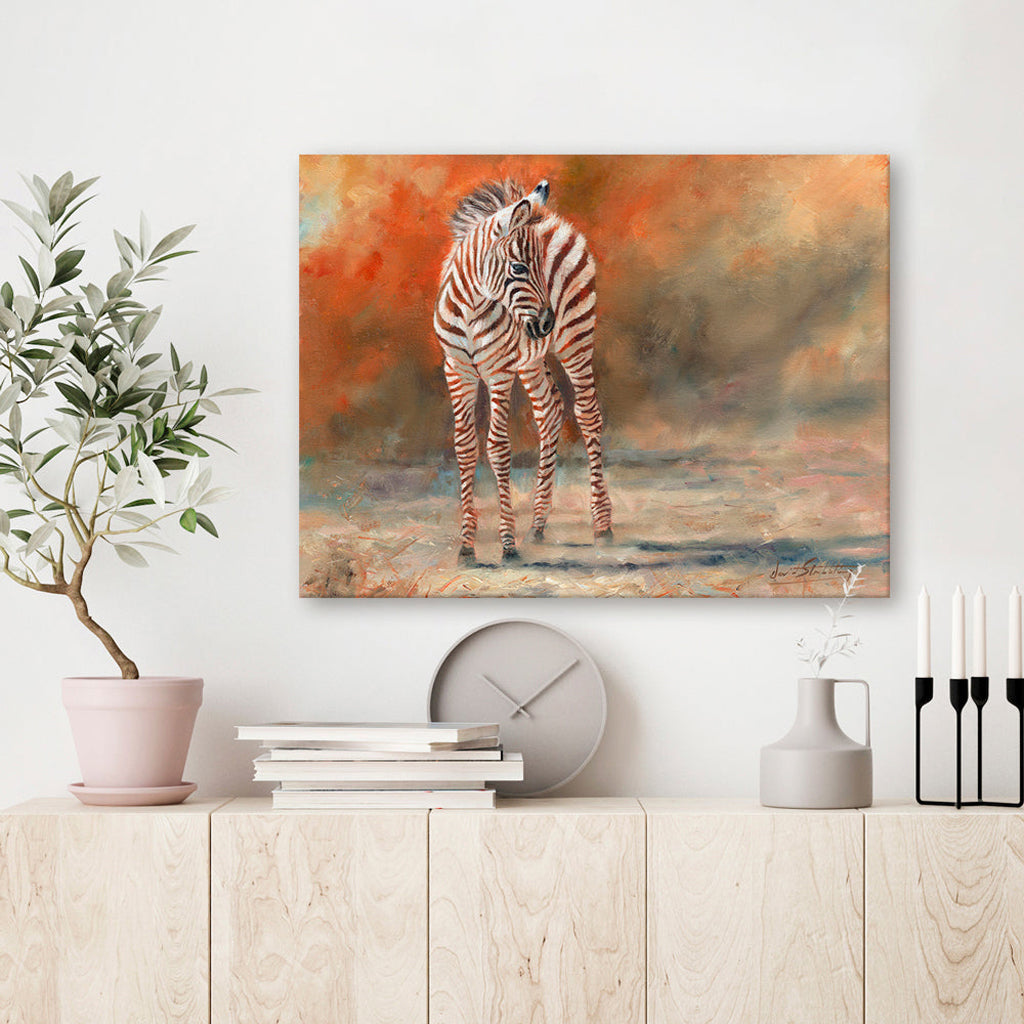 Canvas Print Painting of a zebra on a wall above a wooden shelf with decorative items.
