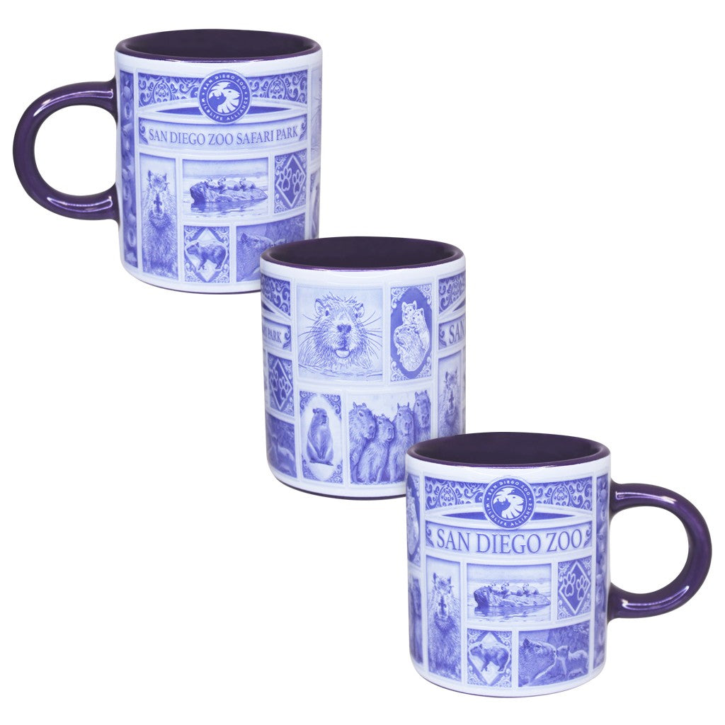 DELFT STYLE ESPRESSO MUG SHOT GLASS CAPYBARA DESIGN SAN DIEGO ZOO & SAFARI PARK PERIWINKLE BLUE AND WHITE PURPLE