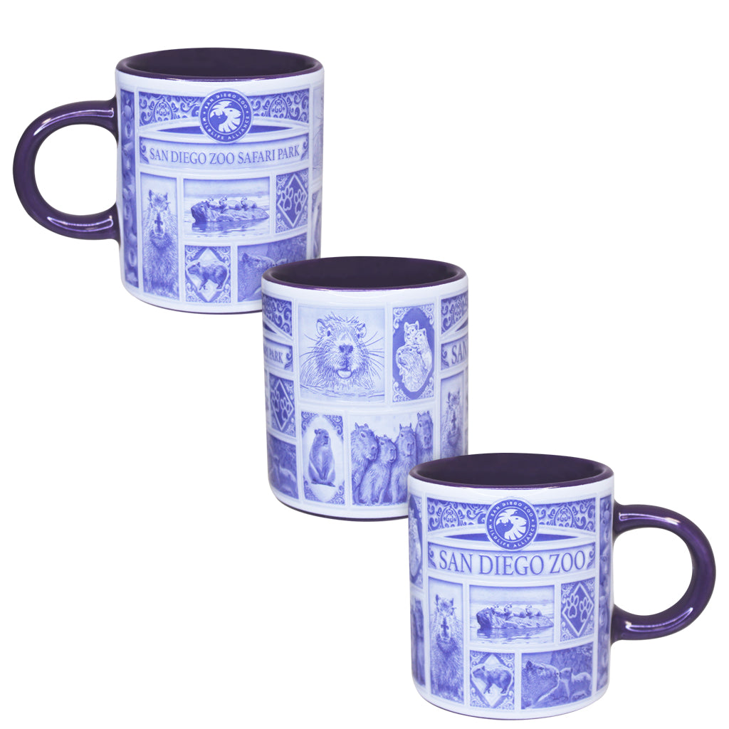 DELFT STYLE ESPRESSO MUG SHOT GLASS CAPYBARA DESIGN SAN DIEGO ZOO & SAFARI PARK PERIWINKLE BLUE AND WHITE PURPLE