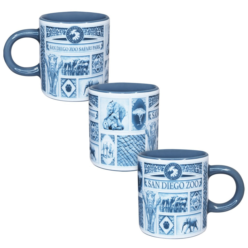 DELFT STYLE ESPRESSO MUG SHOT GLASS AFRICAN ELEPHANT BLUE AND WHITE SAN DIEGO ZOO & SAFARI PARK CERAMIC
