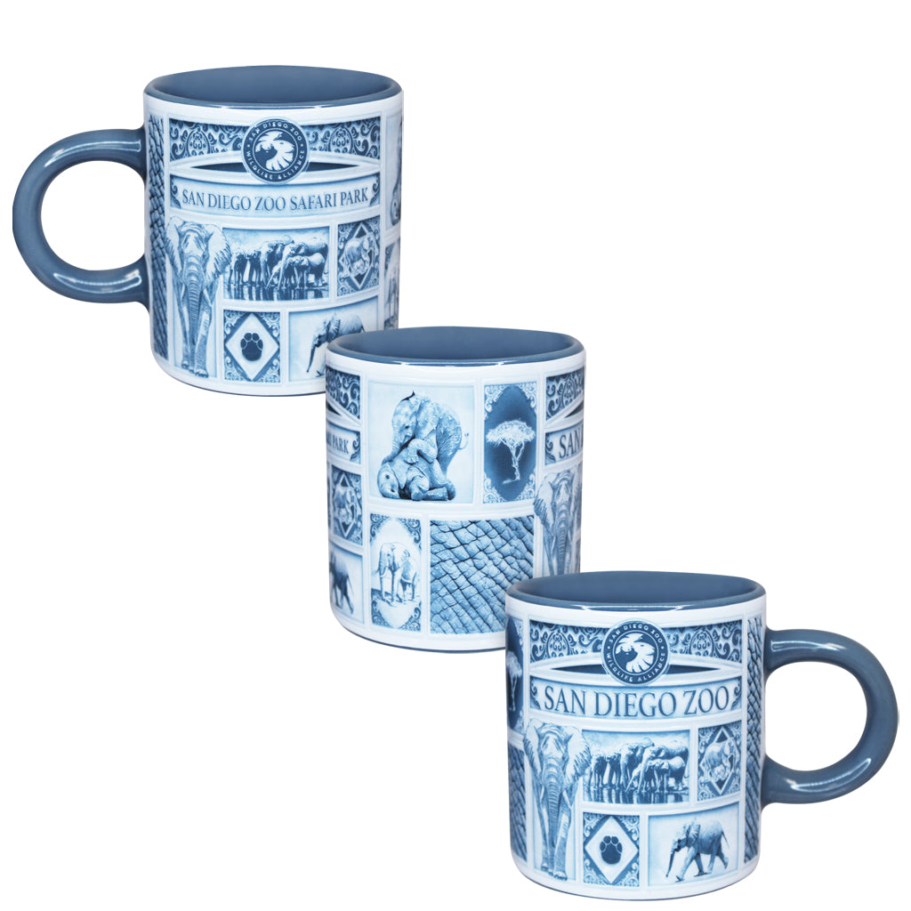 DELFT STYLE ESPRESSO CUP MUG SHOT GLASS AFRICAN ELEPHANT BLUE AND WHITE SAN DIEGO ZOO & SAFARI PARK CERAMIC