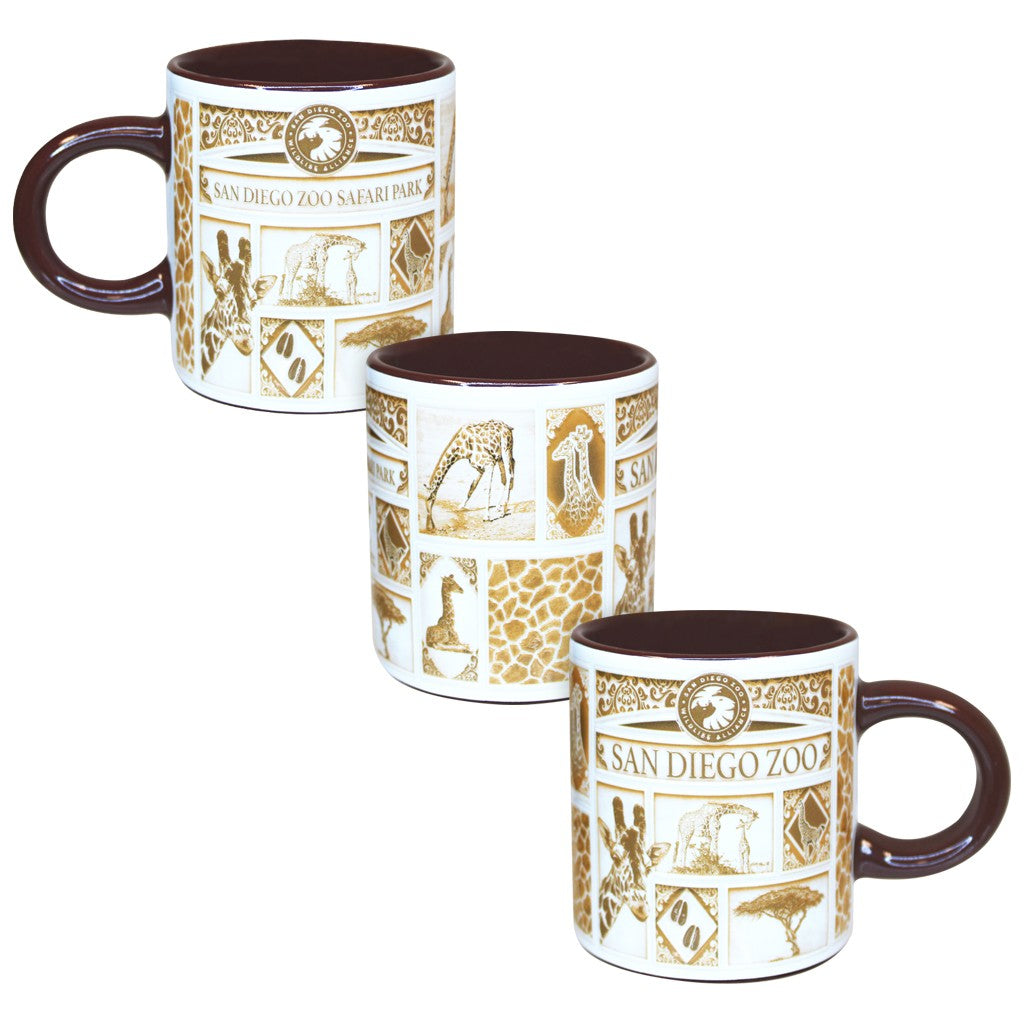 DELFT STYLE ESPRESSO MUG SHOT GLASS SAN DIEGO ZOO &amp; SAFARI PARK GIRAFFE COLLAGE TEXTURED DESIGN CERAMIC