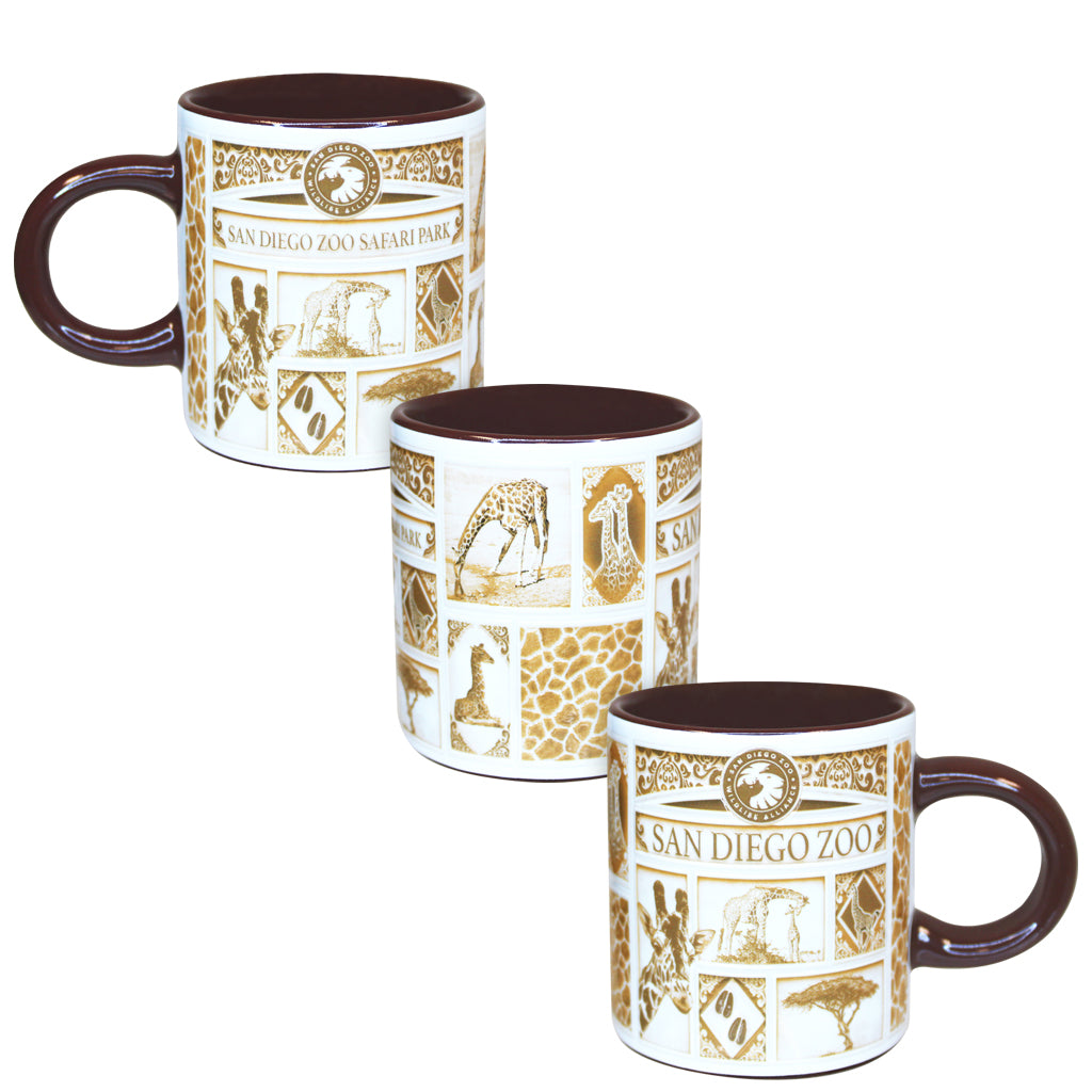 DELFT STYLE ESPRESSO MUG SHOT GLASS SAN DIEGO ZOO &amp; SAFARI PARK GIRAFFE COLLAGE TEXTURED DESIGN CERAMIC