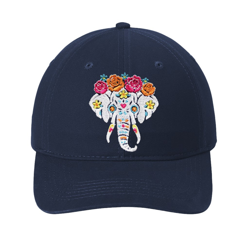 A navy blue baseball cap featuring a colorful embroidered sugar skull elephant design on the front with San Diego Zoo &amp; Safari Park on the backside background.