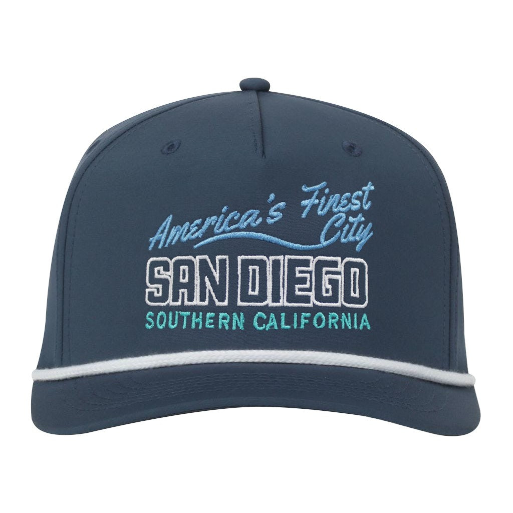 AMERICAS FINEST CITY NAVY HAT WITH WHITE CORD TRIM SAN DIEGO CALIFORNIA SNAP BACK