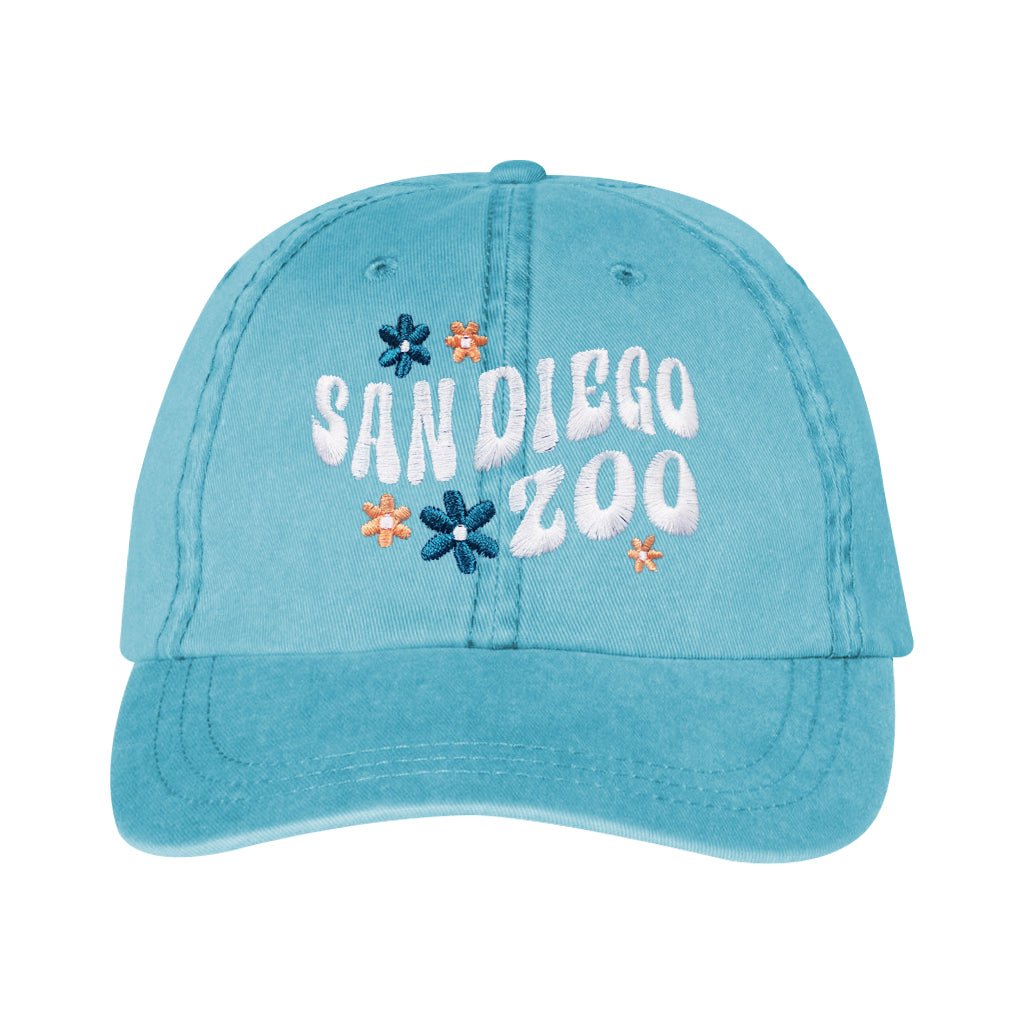 SAN DIEGO ZOO SUMMER DAISY BASEBALL CAP DISTRESSED AQUA BLUE ADULT 