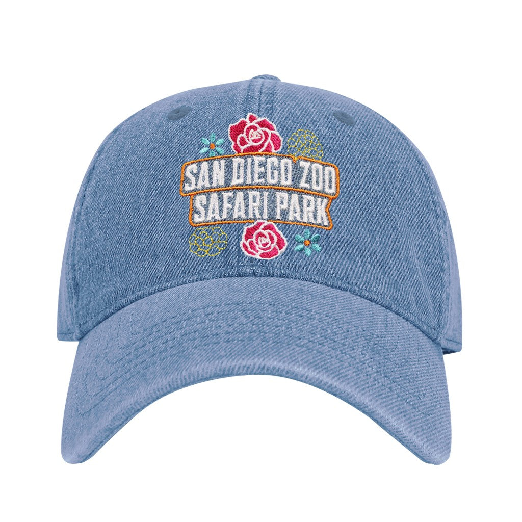 LIGHT BLUE DENIM SAN DIEGO ZOO SAFARI PARK BASEBALL CAP HAT DIA DE LOS MUERTOS FLORAL DESIGNS