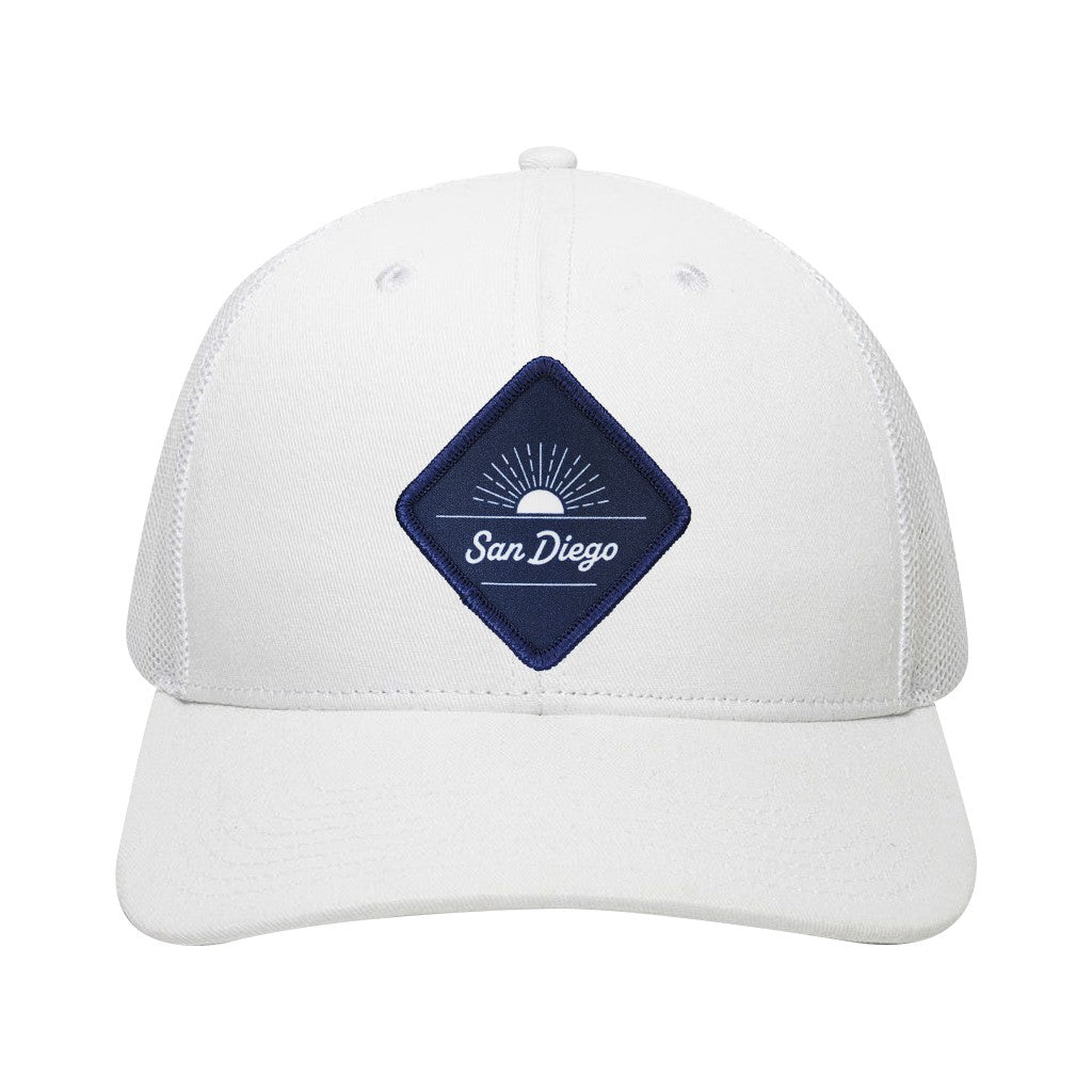 SUNNY SAN DIEGO PATCH CRISP WHITE TRUCKER HAT CAP BASEBALL WITH BLUE TRIANGLE PATCH OC771