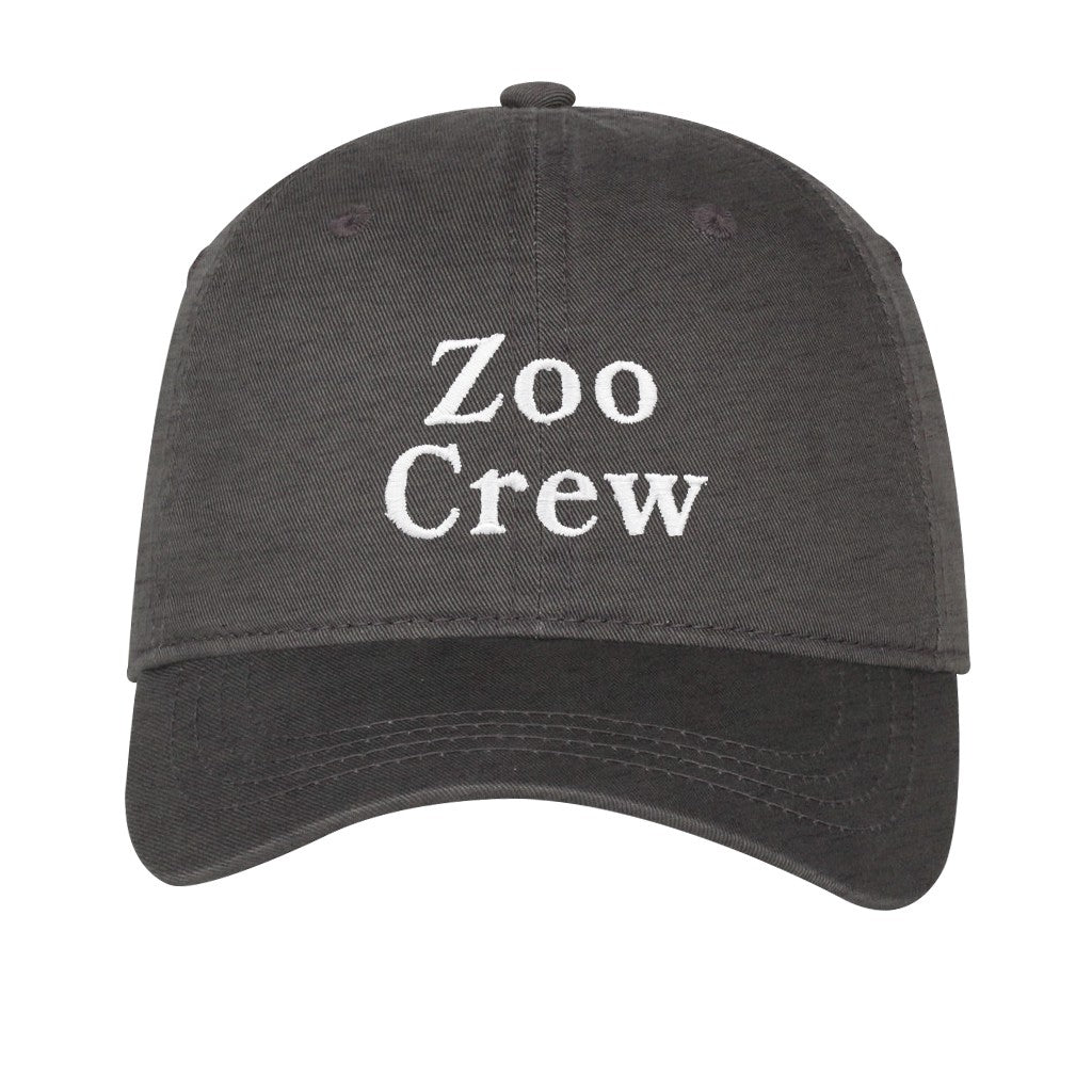 A dark charcoal gray baseball cap with 'Zoo Crew' embroidered in white on the front, with San Diego Zoo embroidered in white on the side