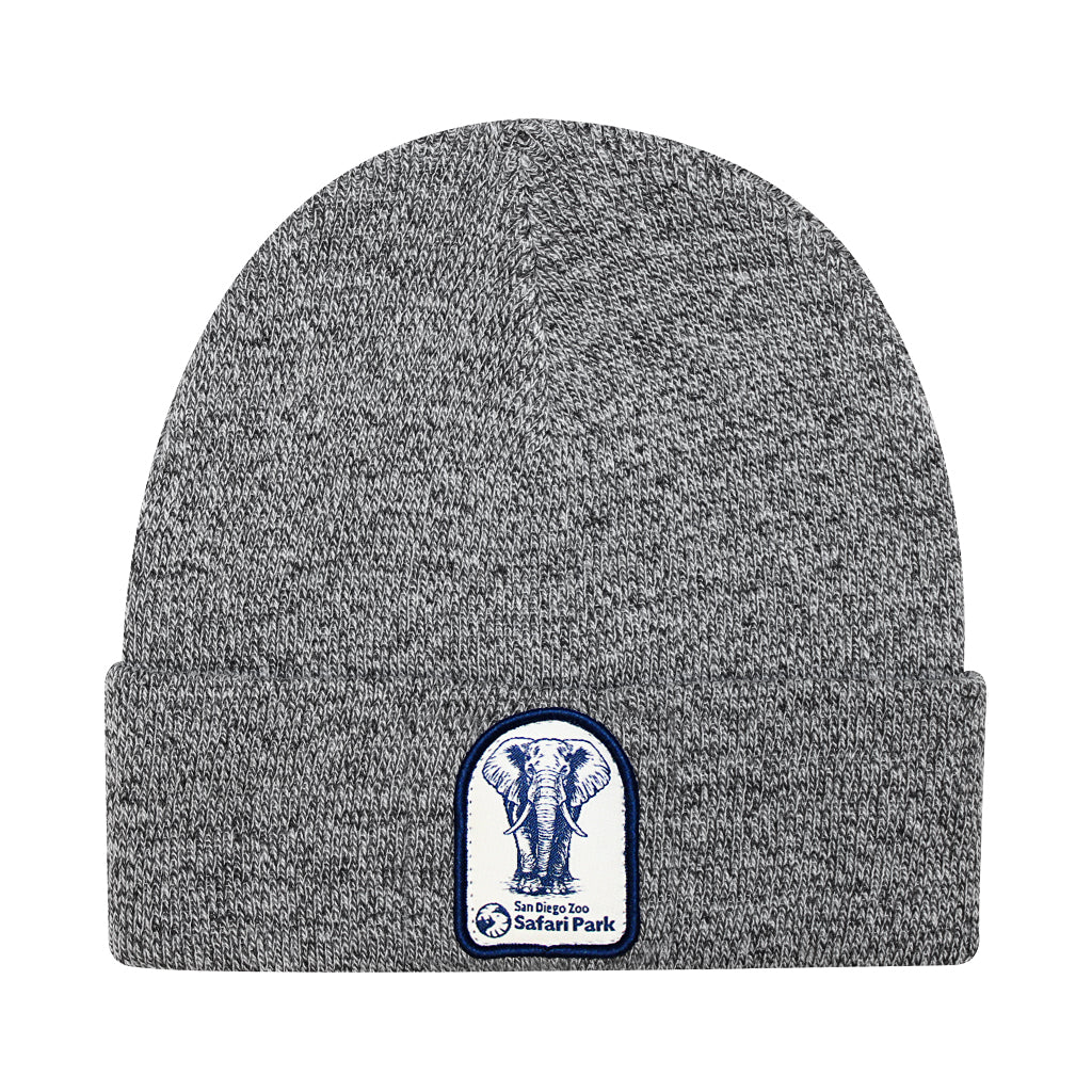 ETCHED ELEPHANT PATCH SAFARI PARK DENIM BLUE AND WHITE KNIT BEANIE HAT