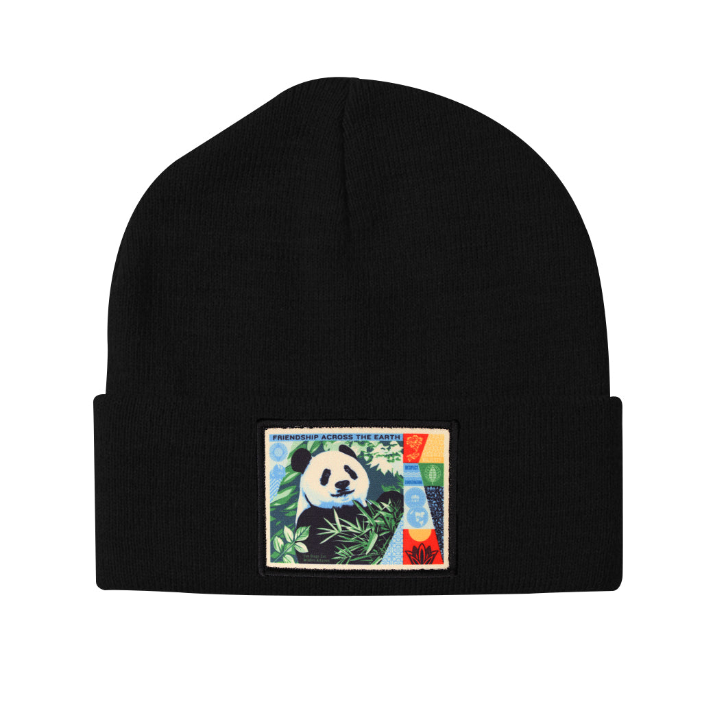 SHEPARD FAIREY BLACK KNIT BEANIE FRIENDSHIP ACROSS THE EARTH PATCH