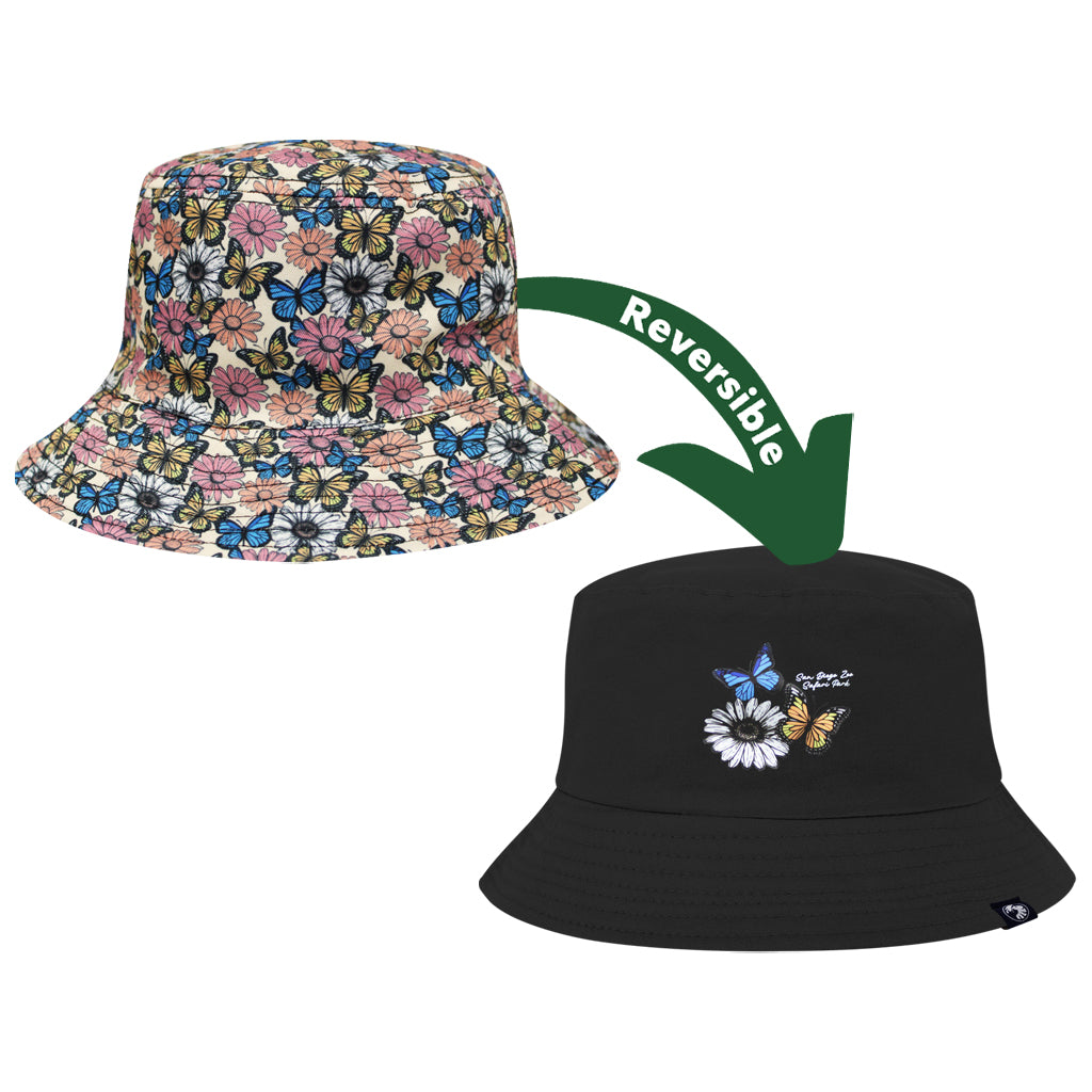 MONARCH AND BLUE MORPHO REVERSIBLE BUTTERFLY AND DAISY ADULT BUCKET HAT