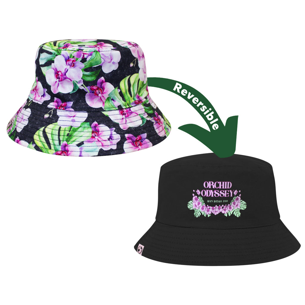 ORCHID ODYSSEY REVERSIBLE BUCKET HAT BLACK ORCHIDS SAN DIEGO ZOO 