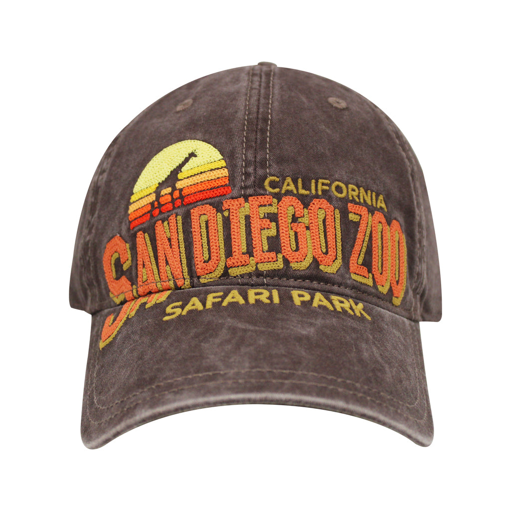 CALIFORNIA GIRAFFE SUNSET FULL EMBROIDERY RETRO DISTRESED BROWN SAN DIEGO ZOO SAFARI PARK DAD CAP HAT LID