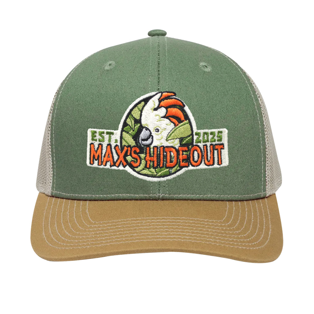 MAX'S HIDEOUT COCKATOO CREAM TAN OLIVE GREEN TRUCKER HAT SAN DIEGO ZOO SAFARI PARK