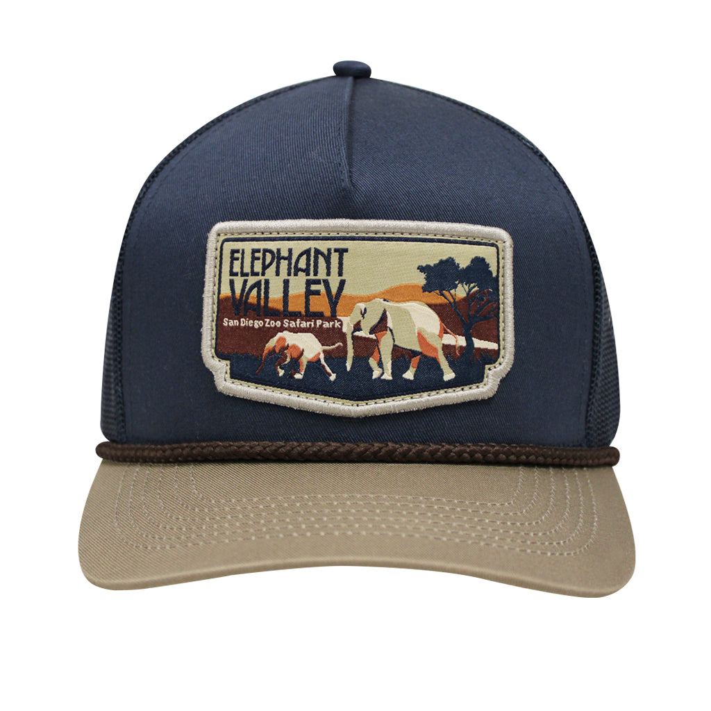 NAVY AND TAN ELEPHANT VALLEY TRUCKER HAT SAFARI PARK 