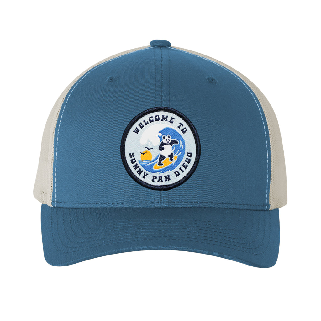 WELCOME TO SUNNY PAN DIEGO PANDA SURFING PATCH TRUCKER HAT 