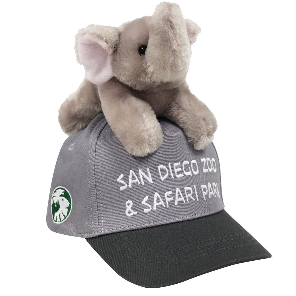Plush elephant on a San Diego Zoo & Safari Park cap with logo