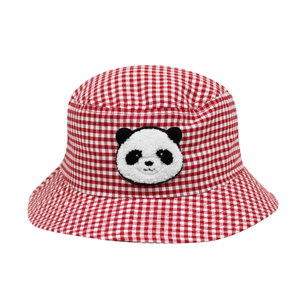 RED AND WHITE GINGHAM PRINT KIDS YOUTH PANDA PATCH BUCKET HAT SAN DIEGO ZOO