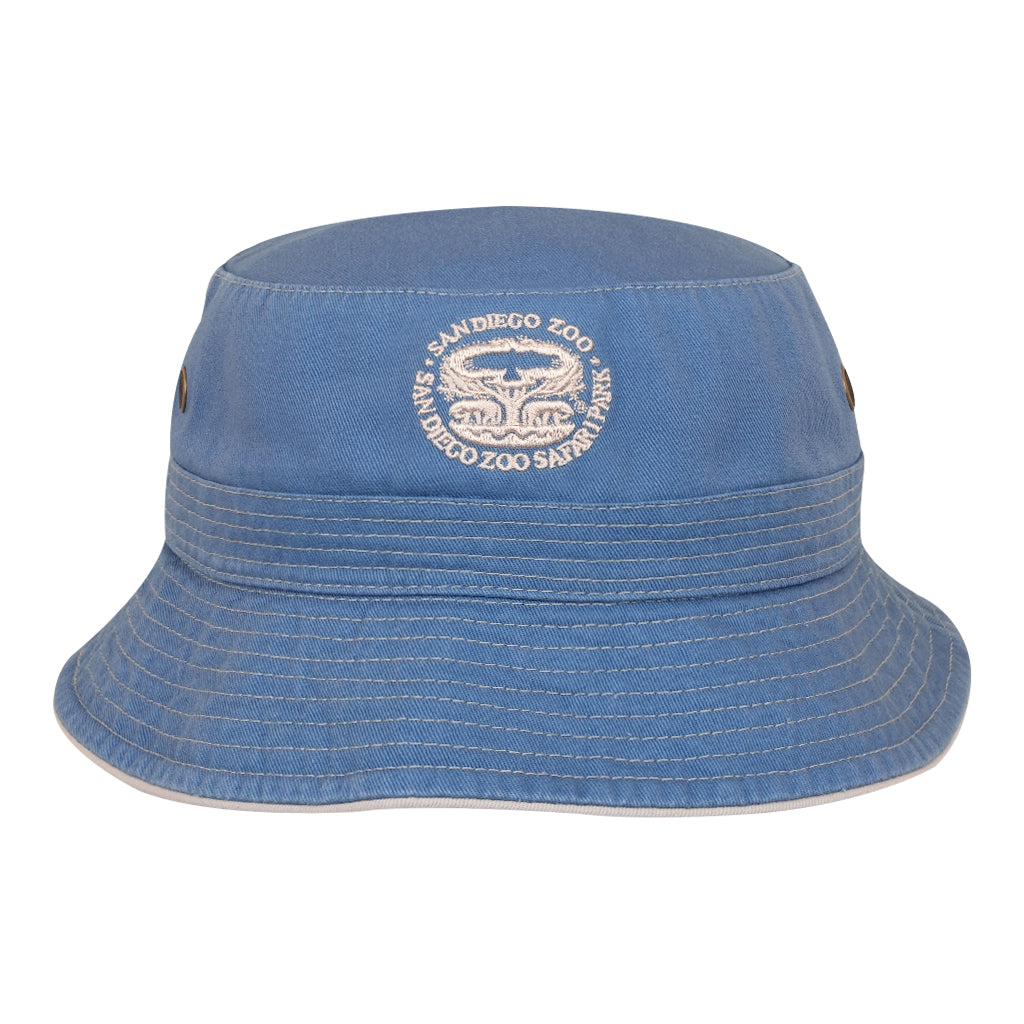 Slate blue bucket hat embroidered with San Diego Zoo Safari Park Tree of Life icon.