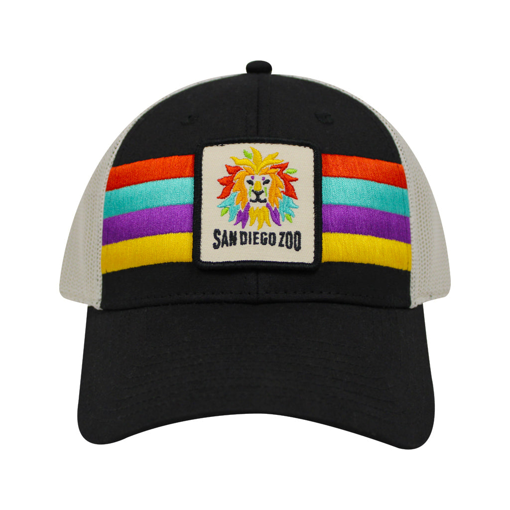 COLORFUL LION STRIPES TRUCKER HAT BLACK IVORY MESH SAN DIEGO ZOO