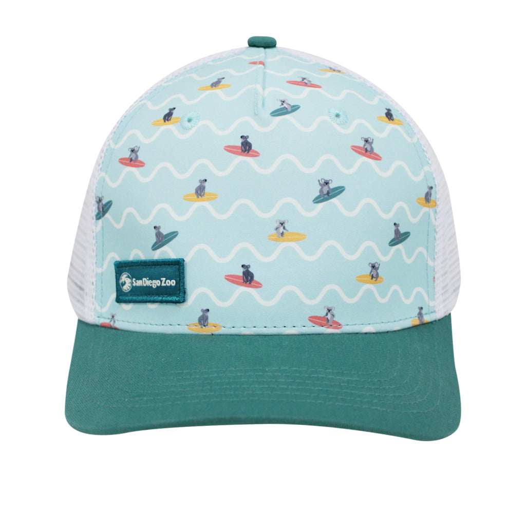 SURFING KOALA KOALABUNGA TRUCKER HAT SAN DIEGO ZOO PATCH TEAL AQUA SUMMER