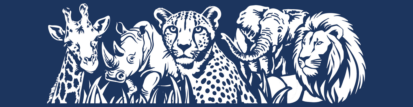 Illustration of various animals including a giraffe, rhinoceros, leopard, elephant, and lion on a blue background.