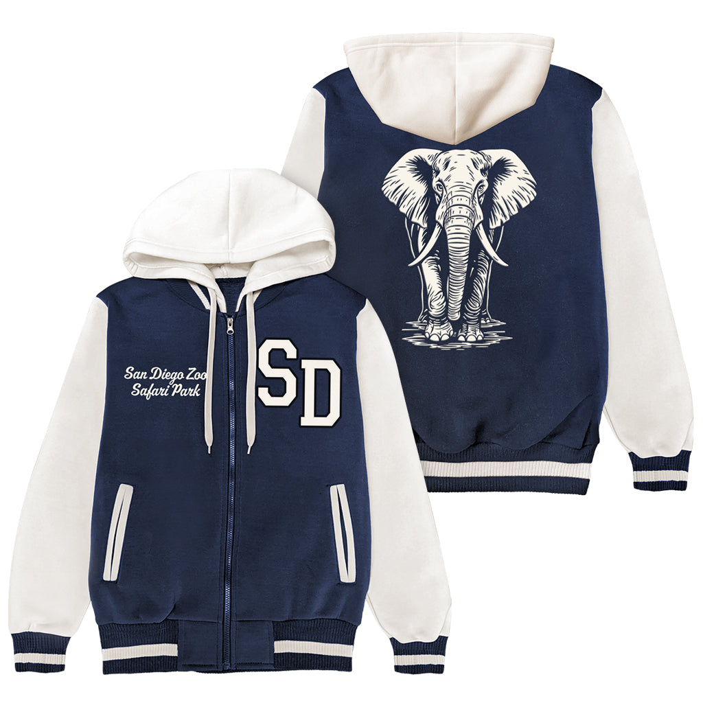 ETCHED AFRICAN ELEPHANT EMBROIDERED NAVY AND CREAM UNISEX VARSITY STYLE JACKET SAN DIEGO ZOO SAFARI PARK
