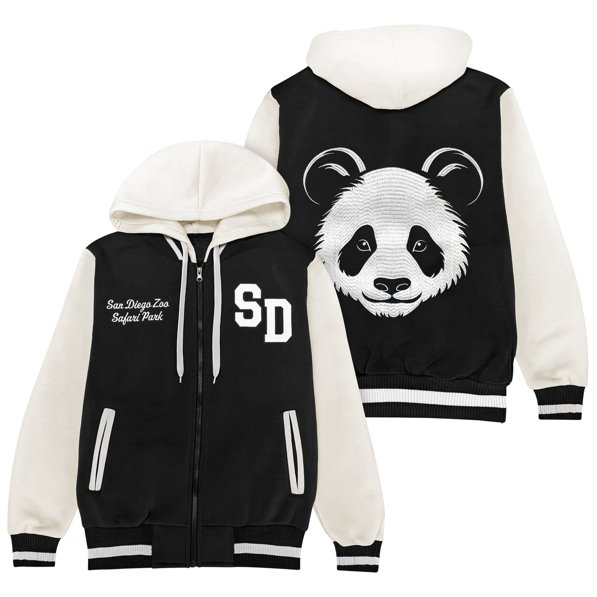 ADULT EMBROIDERED PANDA FACE SD VARSITY JACKET HOODED LETTERMANS